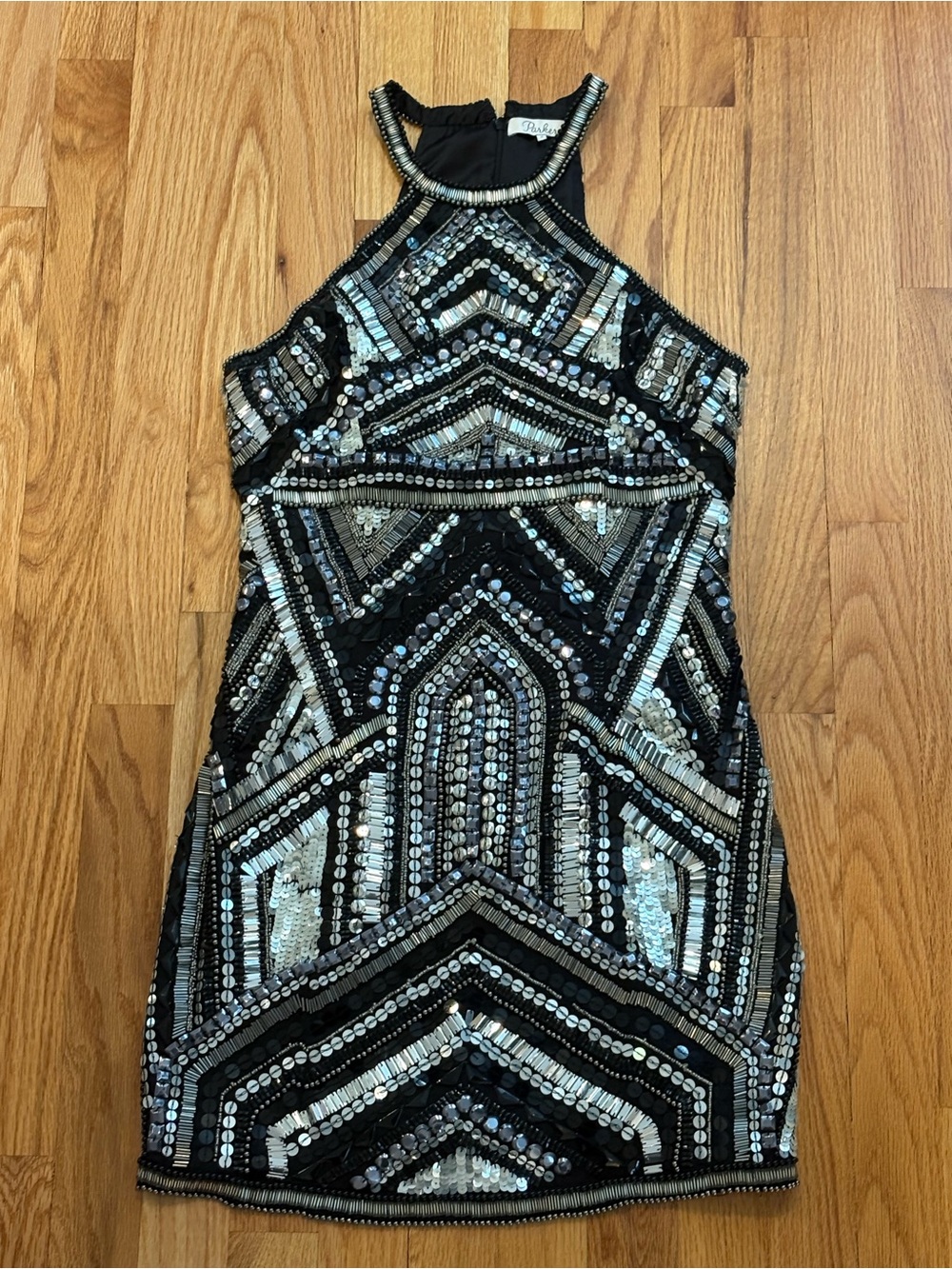 Embellished Black & Silver Geometric Sequined High Neck Mini Dress